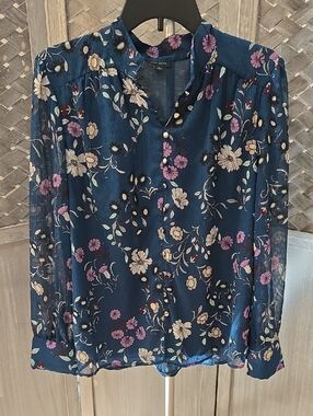 Ann Taylor Navy Floral Sheer Button-Front Blouse
